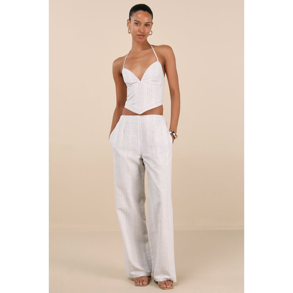 Lulus Anahita Cream And Blue Striped Mid-rise Straight Leg Pants White - Size M